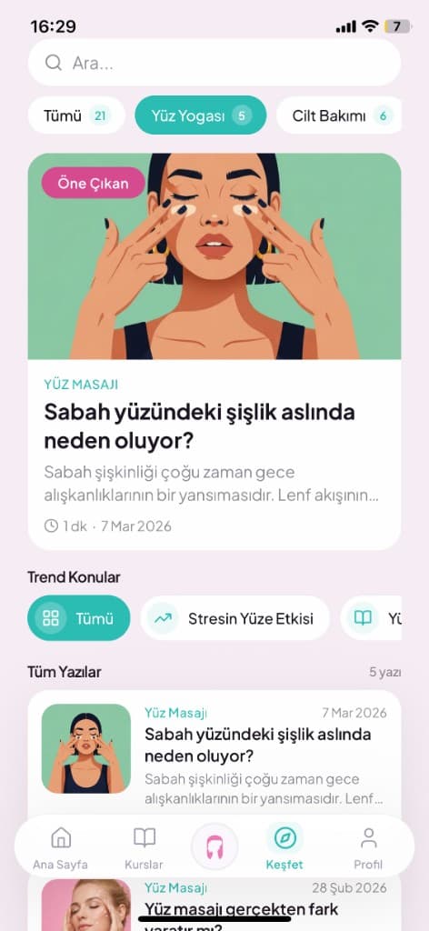 Face Yo app education and articles screen