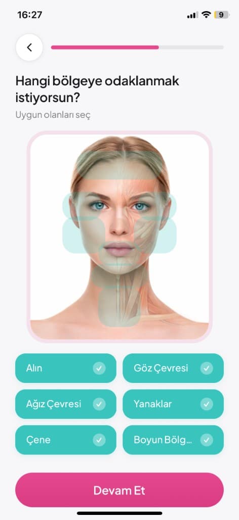 Face Yo app focus area selection screen