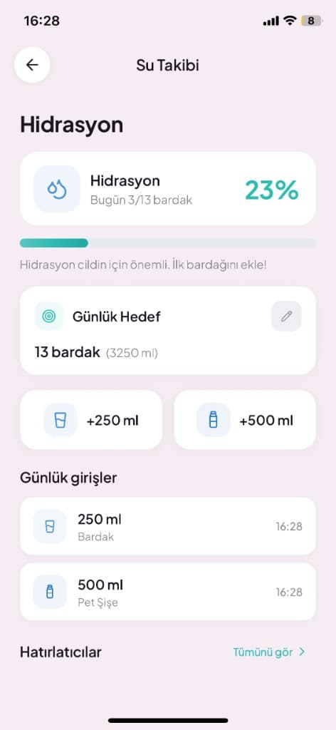 Face Yo app hydration tracking screen