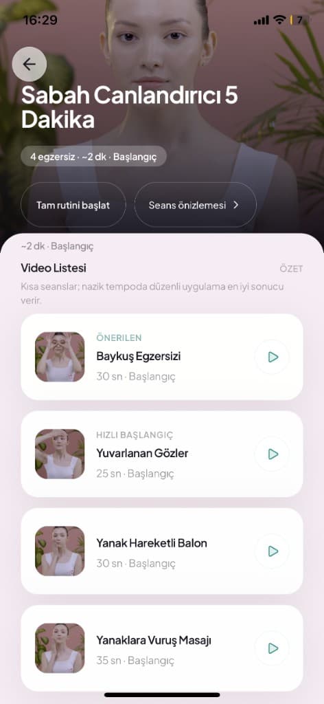 Face Yo app guided routine detail screen