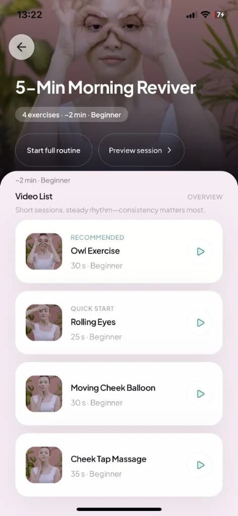 Zone courses for eye, cheek, jaw, neck and forehead in the Face Yo app