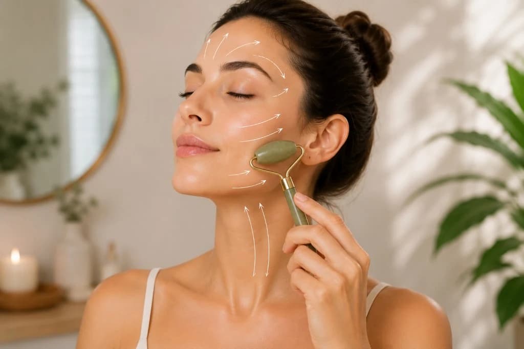 Face roller application — guided jade roller massage with directional arrows on face and neck