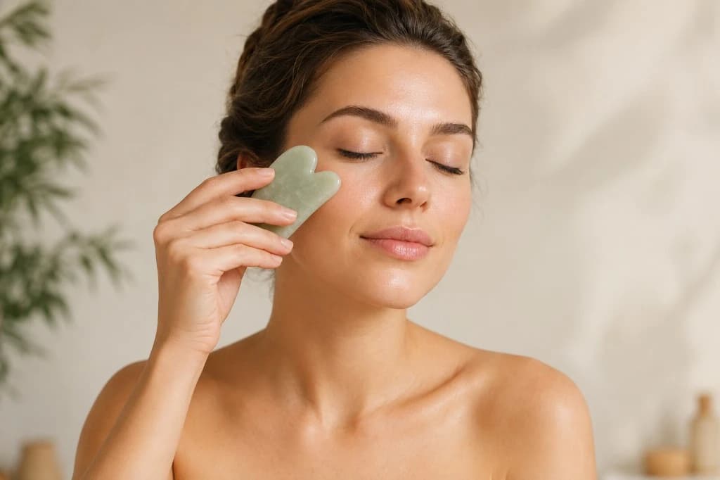 Woman applying a jade Gua Sha stone to her cheek during a calm home spa skincare ritual