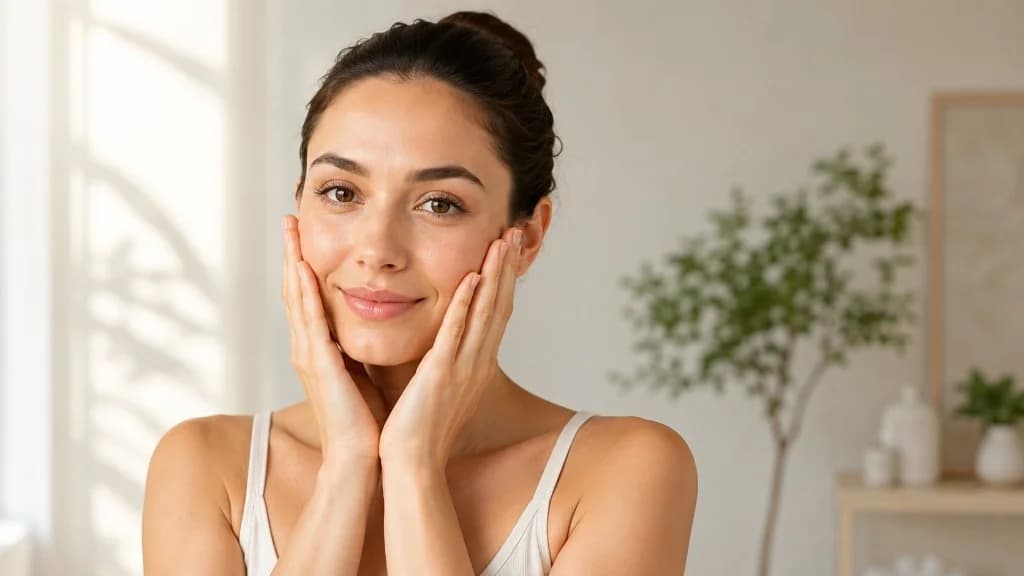 Woman smiling while gently holding her cheeks during a calm face yoga self-care moment