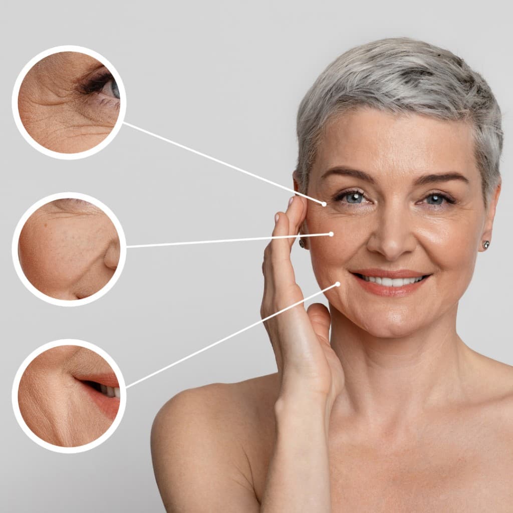 Smiling mature woman with illustrated focus on eye, cheek and mouth areas for long-term skin care