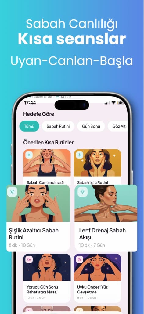 Face Yo uygulamasında önerilen kısa rutinler ve hedef filtreleri
