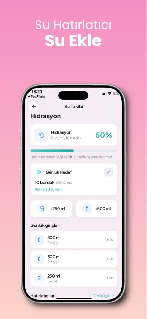 Face Yo uygulamasında su hatırlatıcı ve hidrasyon takibi